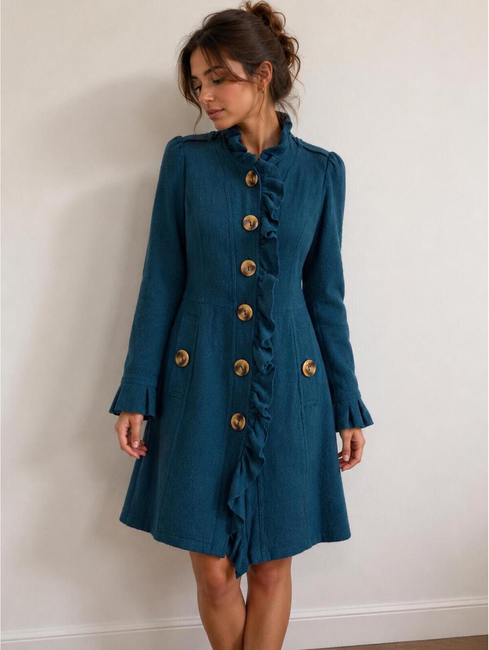 TALIE 100% Wool Ruffle Military Coat Dress Teal Size M Gold Buttons